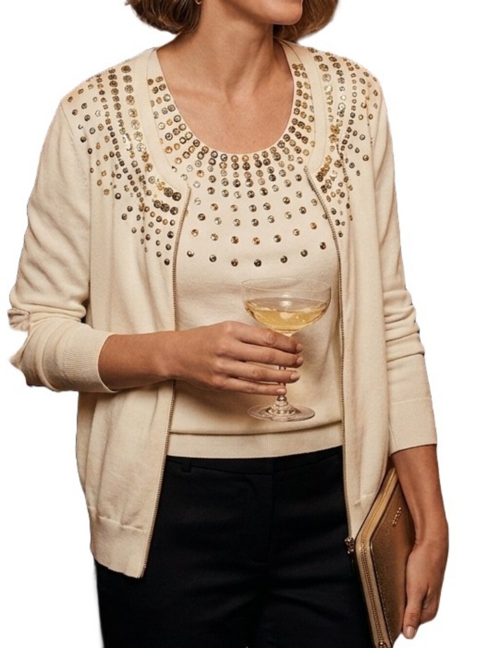 MICHAEL KORS Vintage 2 Piece Sweater Set Gold Zipper & Sequined Collars XL